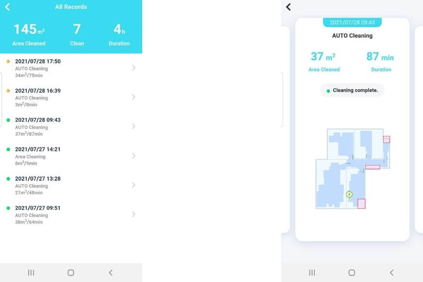 Die Reinigungshistorie wird in der Yeedi Mop App eingesehen